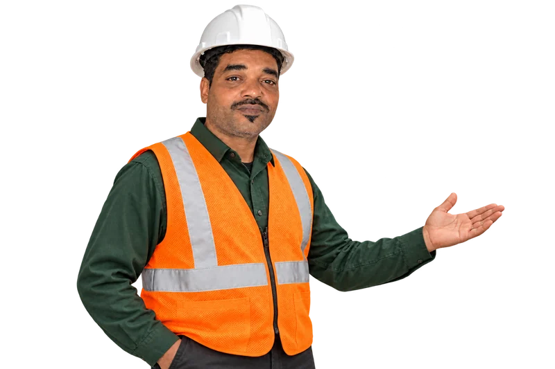 Portrait in orange safety vest and hard hat