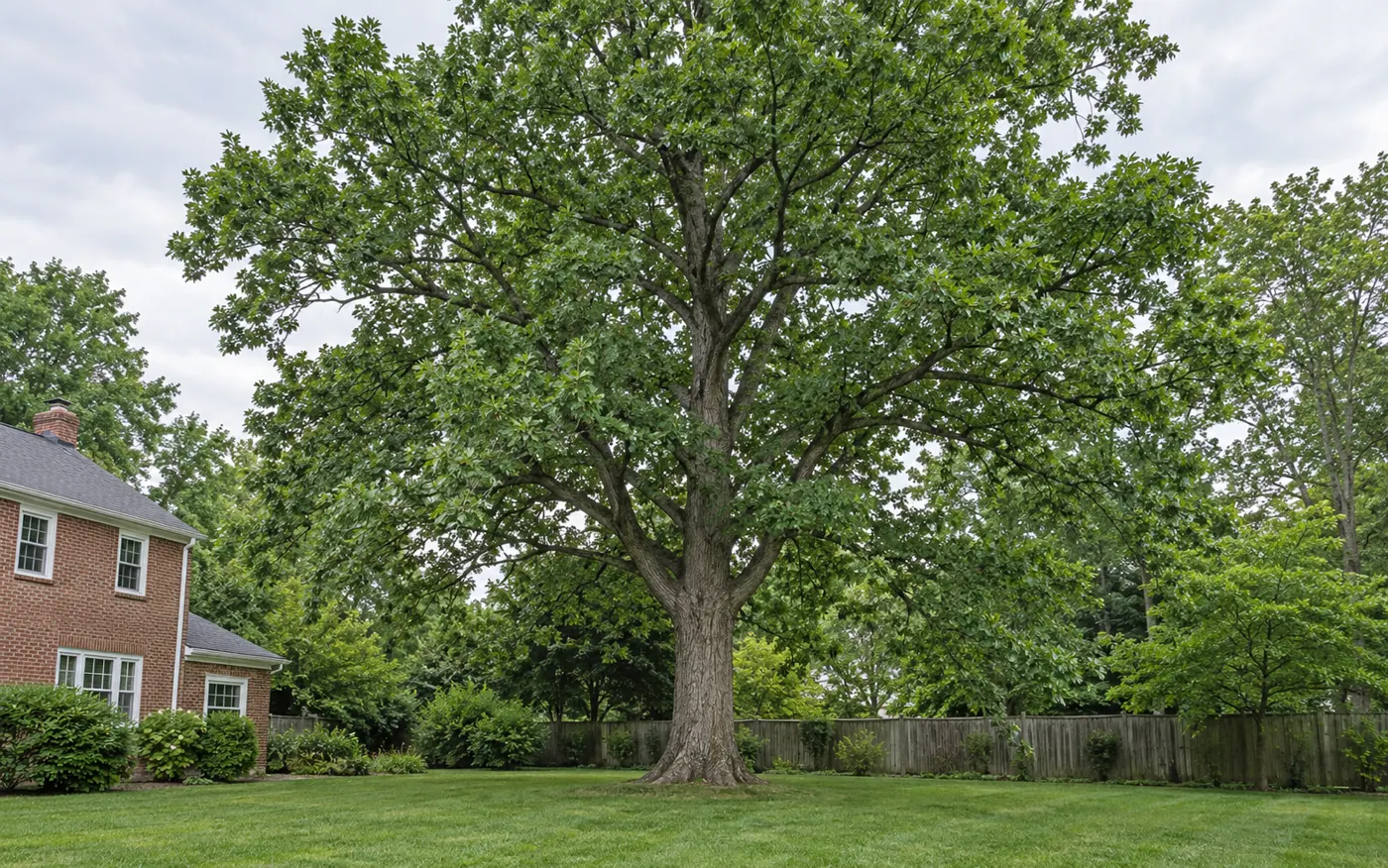 Stage 1 of 4: Mature oak standing in a fenced Pennsylvania backyard before work begins